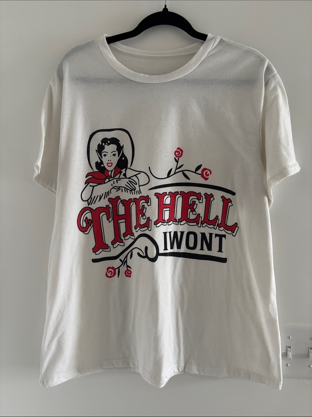 White Graphic Tee "THE HELL IWONT" with Red & Black Design